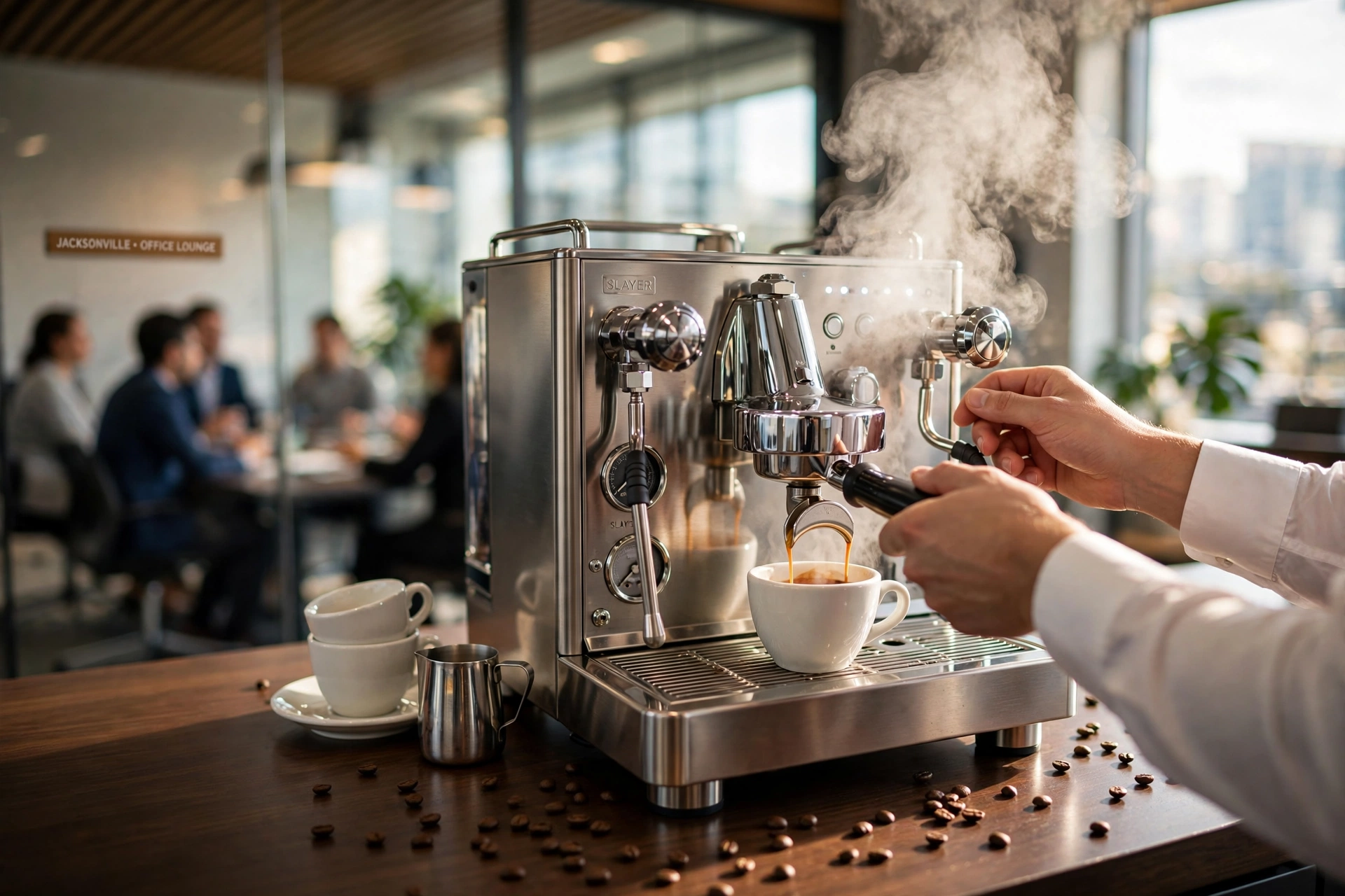 Professional espresso machine in a modern Jacksonville corporate office