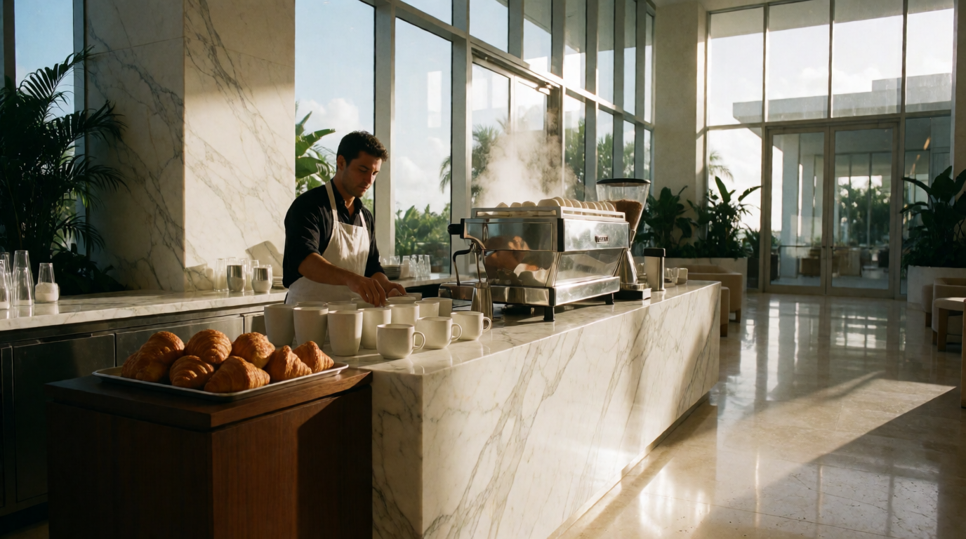 Estação de café premium no lobby de hotel em Miami