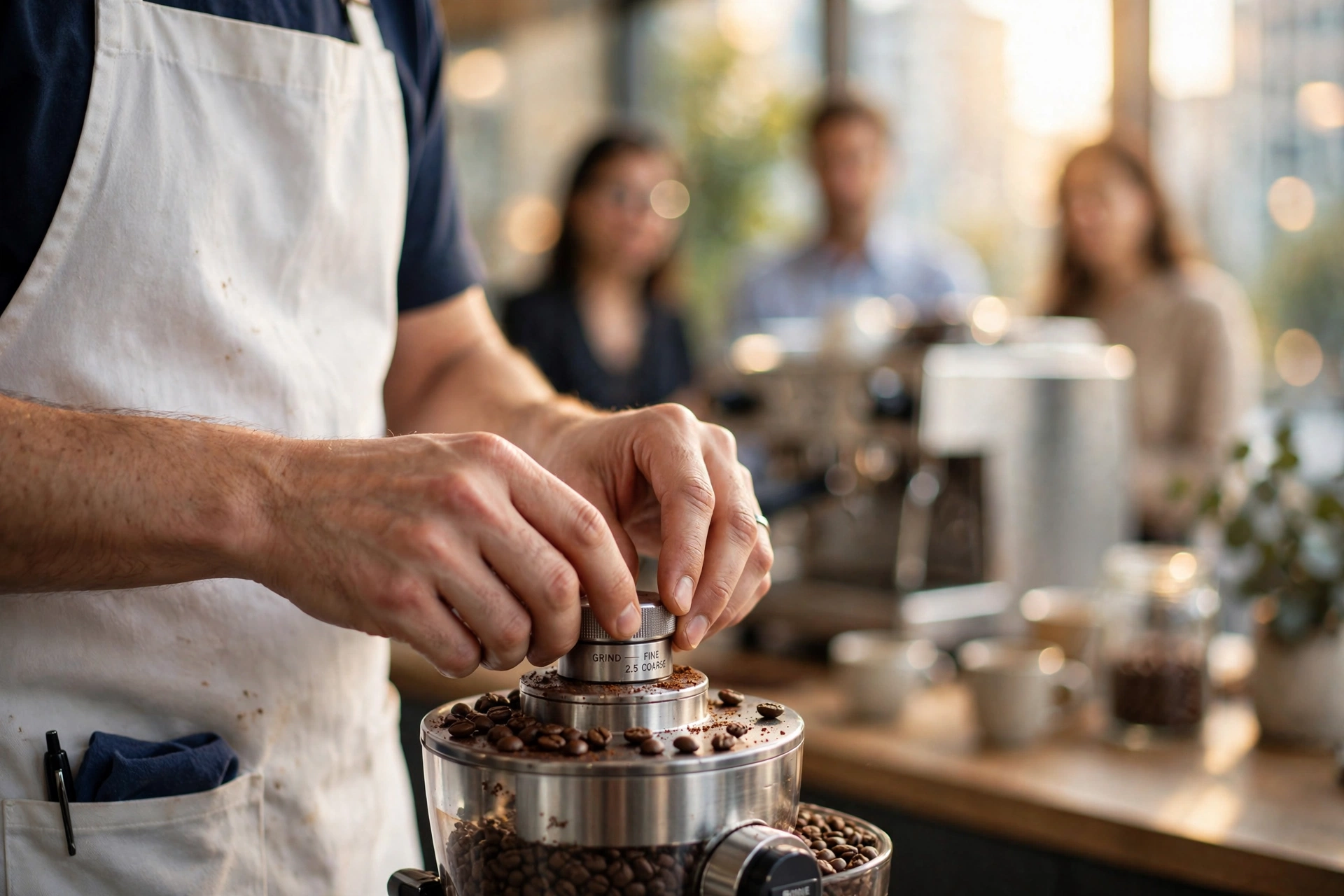 Professional barista teaching office staff how to use an espresso machine
