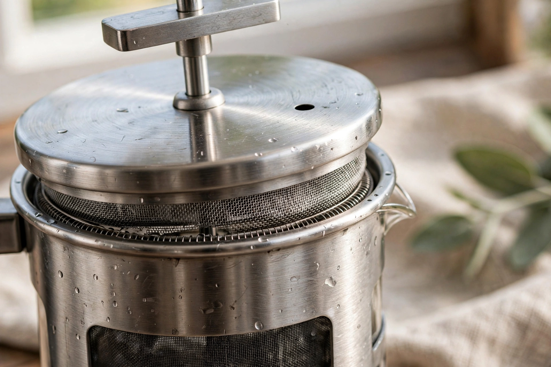 Professional-grade stainless steel French press in a busy restaurant kitchen