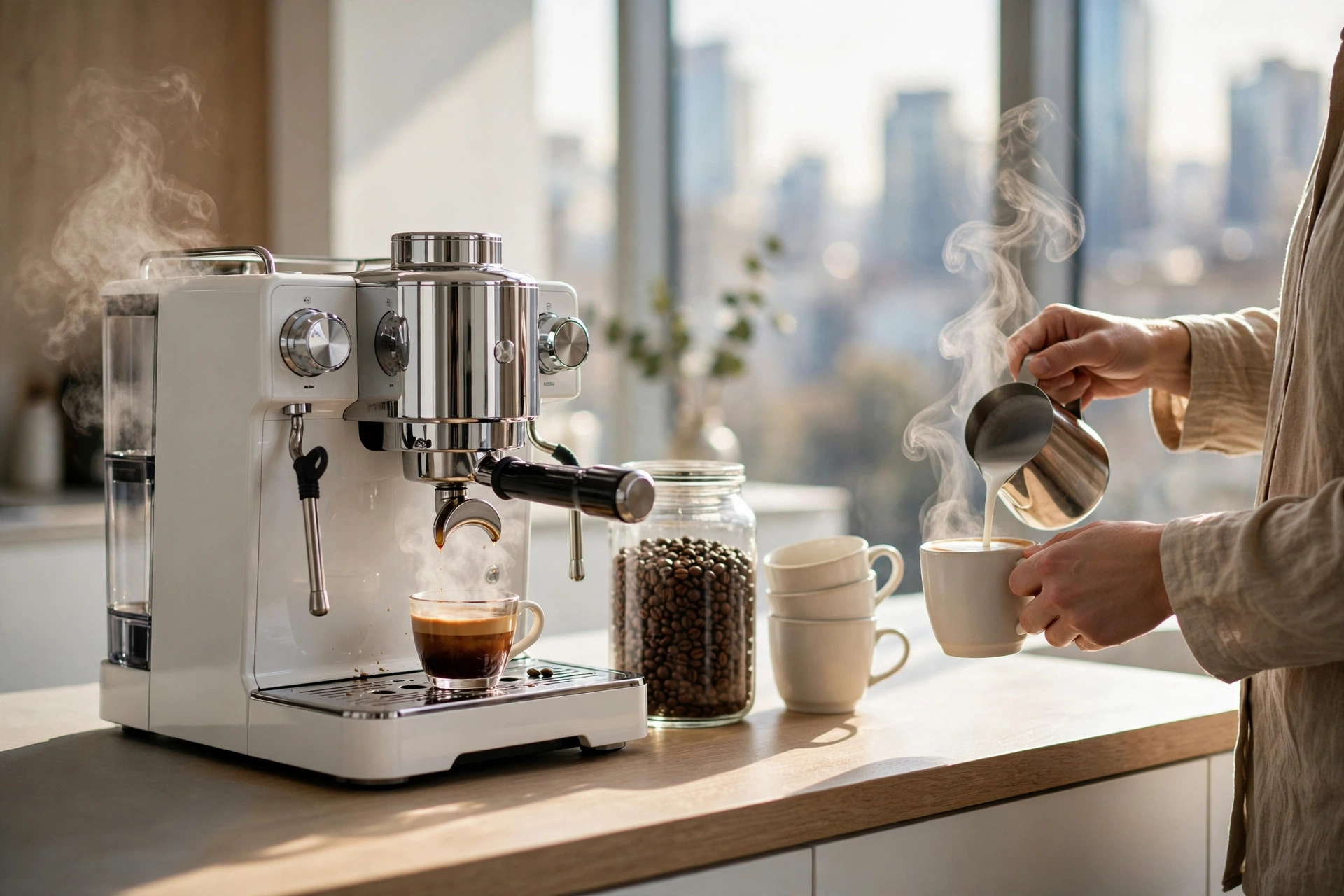 Professional coffee station in a modern Seattle corporate office