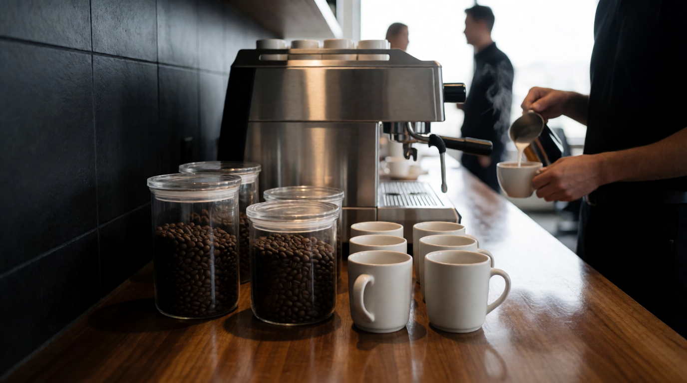 Contemporary office coffee station with barista-style equipment
