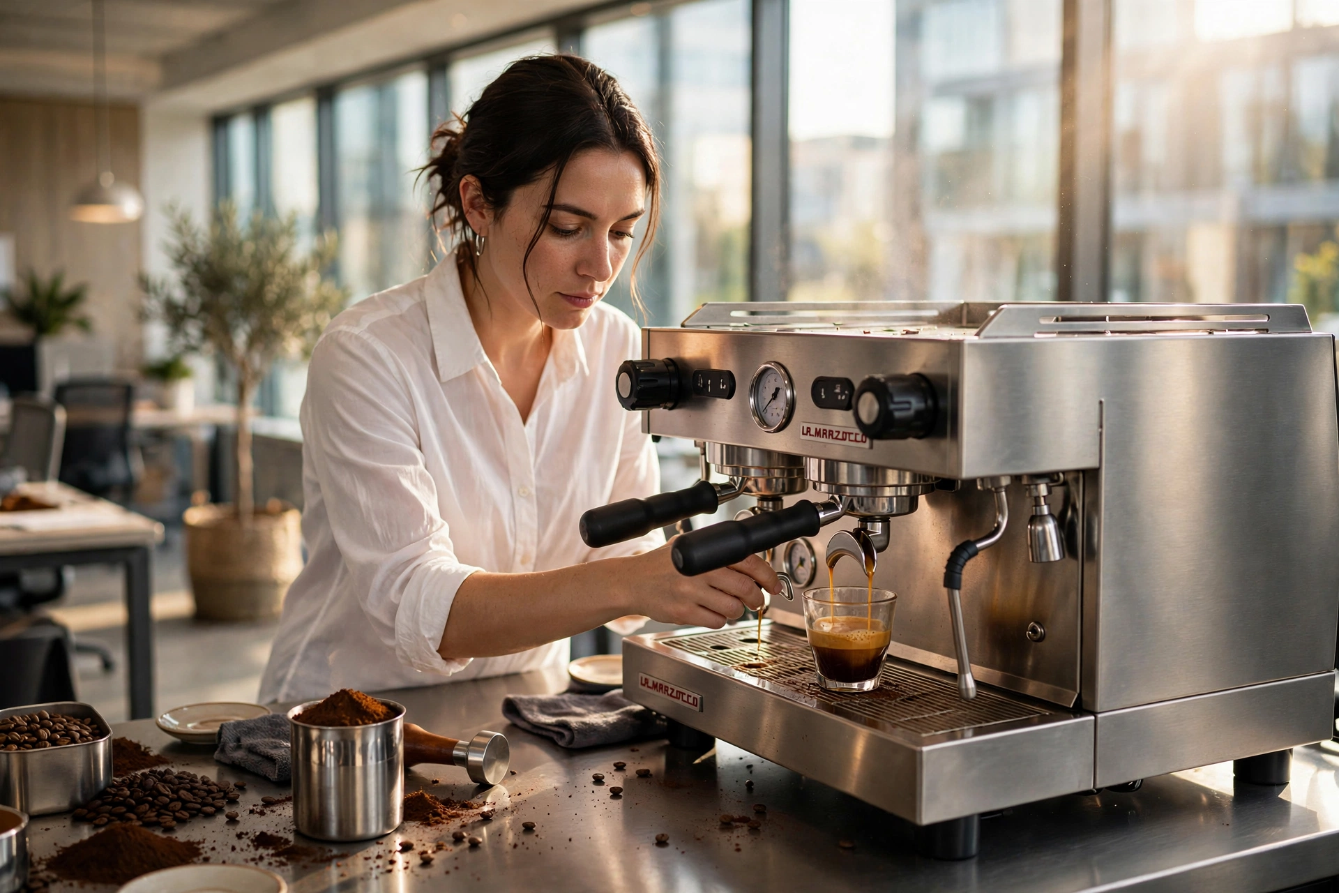A sleek, modern corporate office coffee station with a professional espresso machine and fresh coffee beans