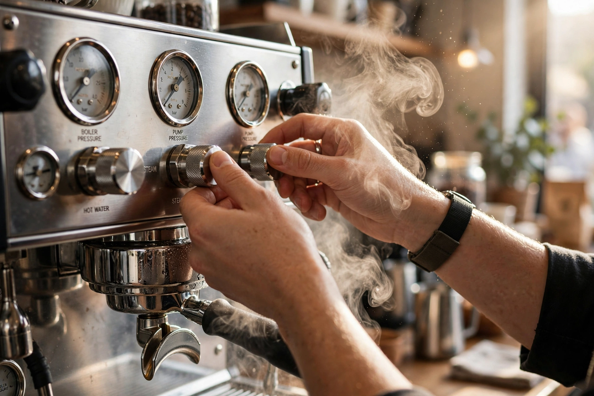 High-end commercial espresso machine with precision gauges and stainless steel finish