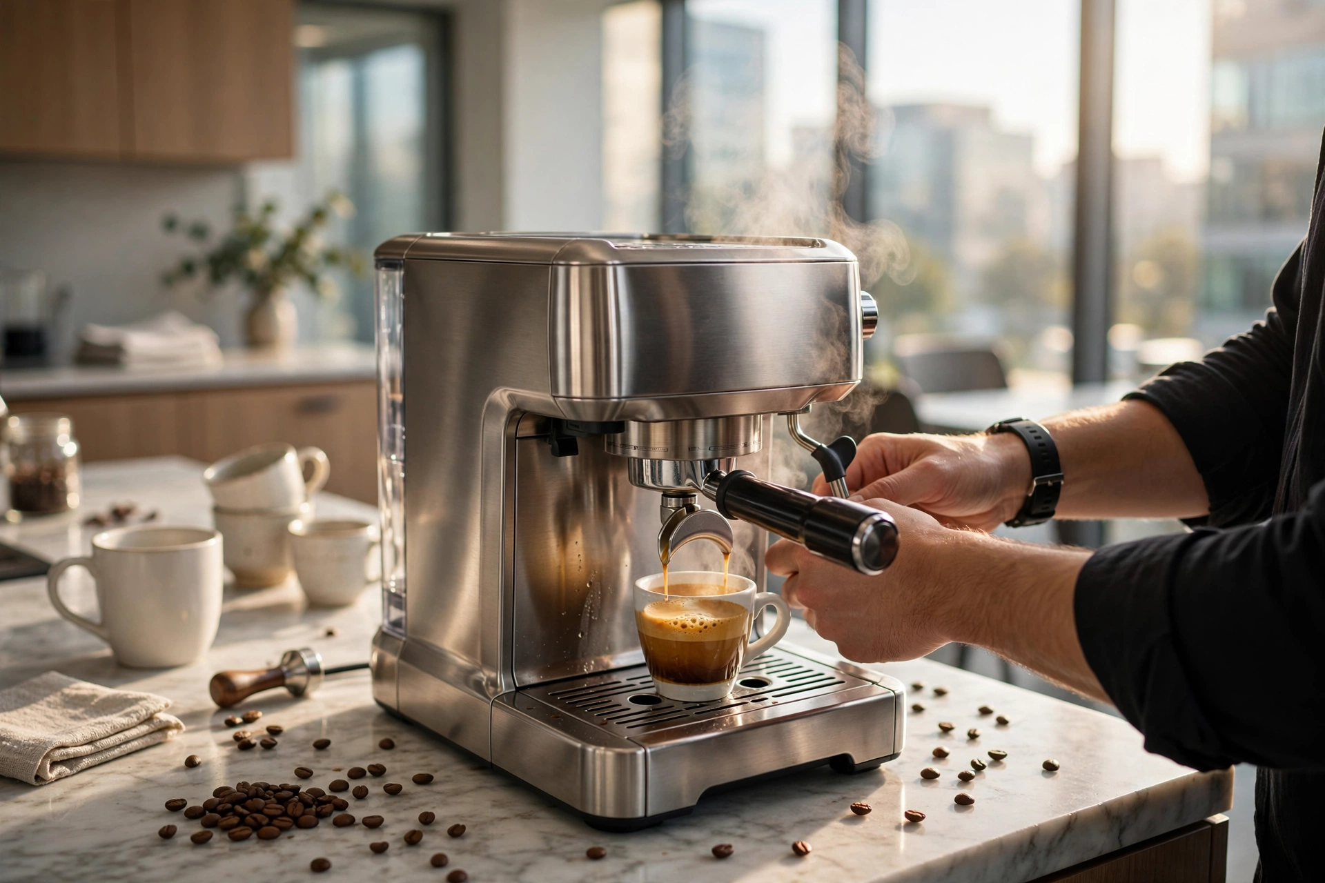 Professional compact espresso machine in a modern office breakroom
