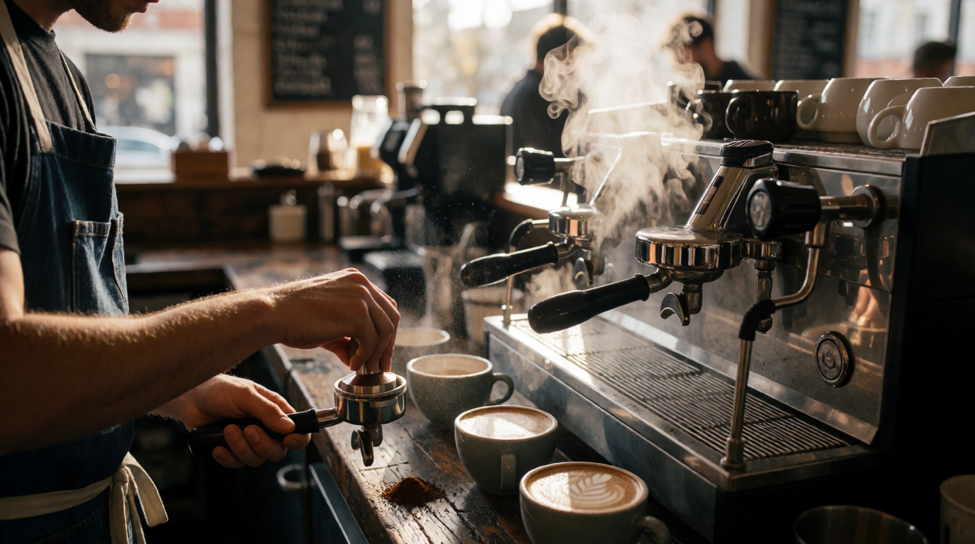 Skilled barista preparing espresso drinks in a busy Mount Pleasant restaurant