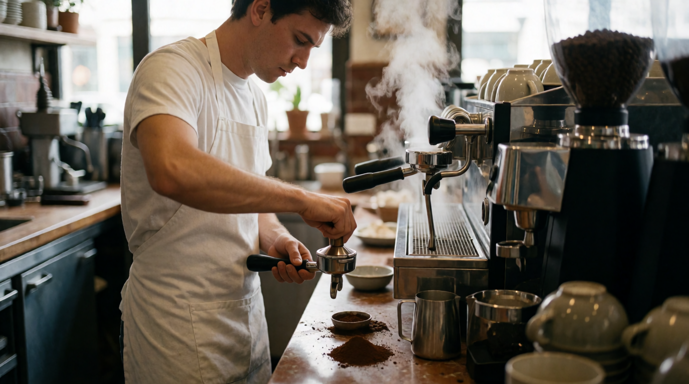 Professional barista preparing espresso in a busy restaurant kitchen