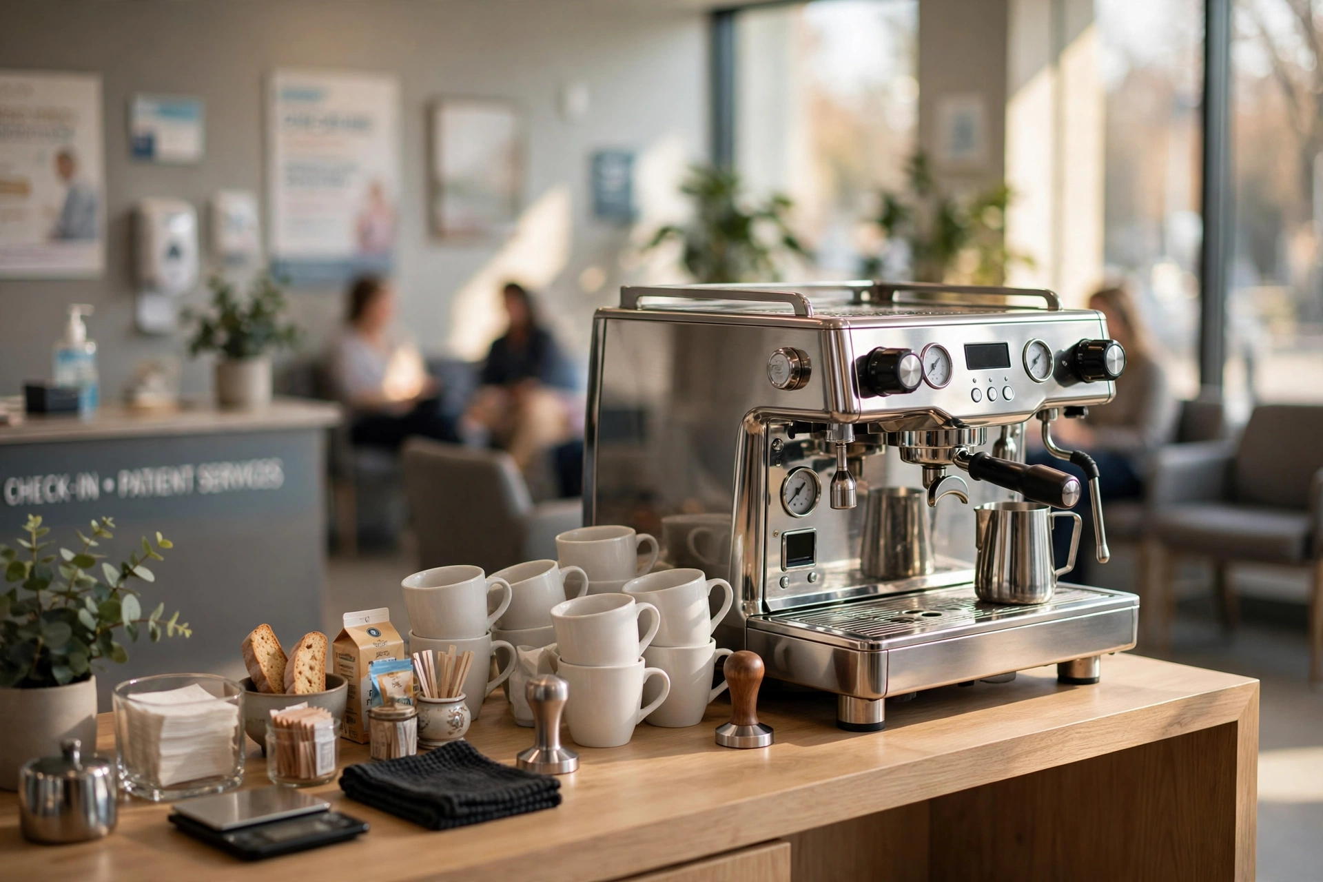 A clean, modern coffee station in a medical clinic waiting room with a professional espresso machine