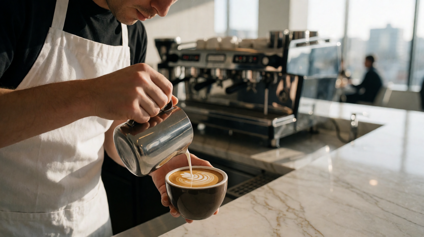 Professional barista crafting latte art in corporate cafe setting