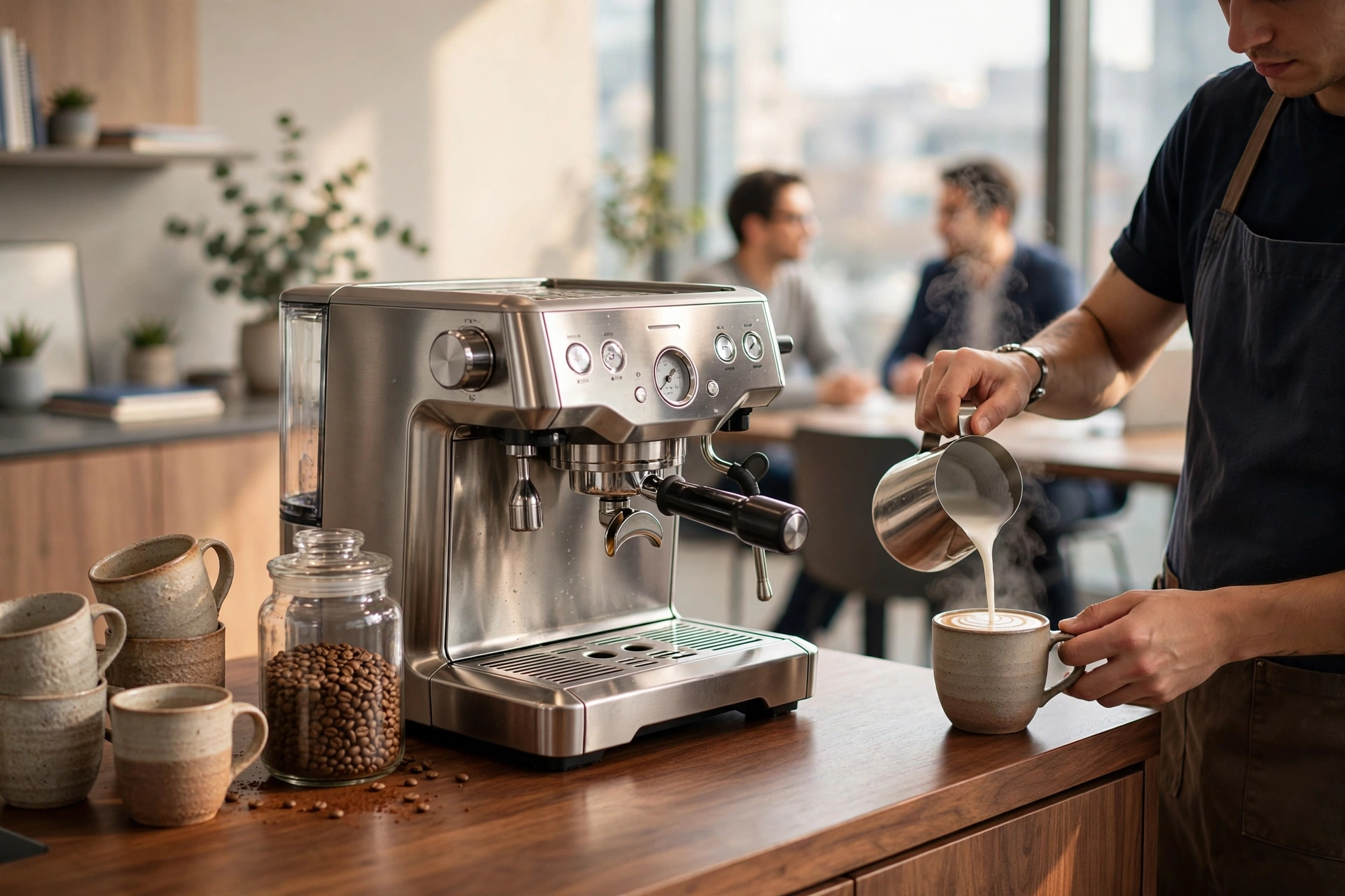 Professional espresso machine in a sleek San Jose office breakroom