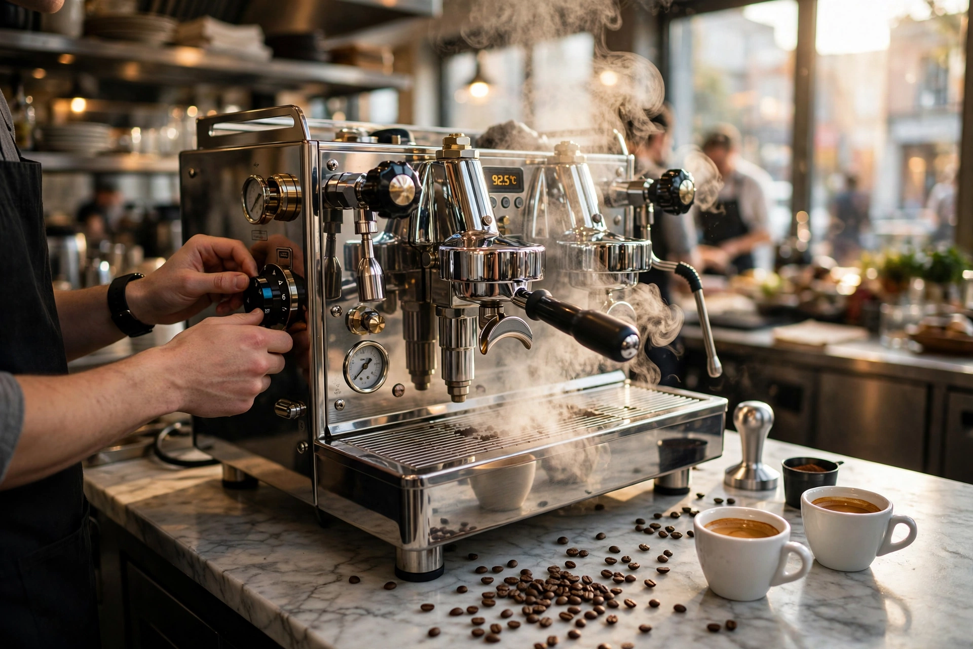 Professional commercial espresso machine on a restaurant counter