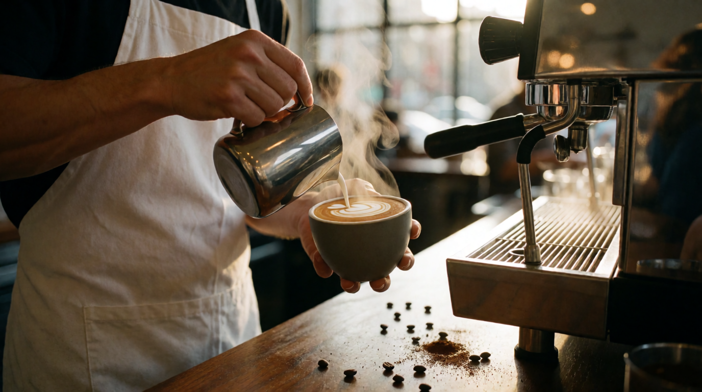 Professional barista serving coffee in a commercial setting
