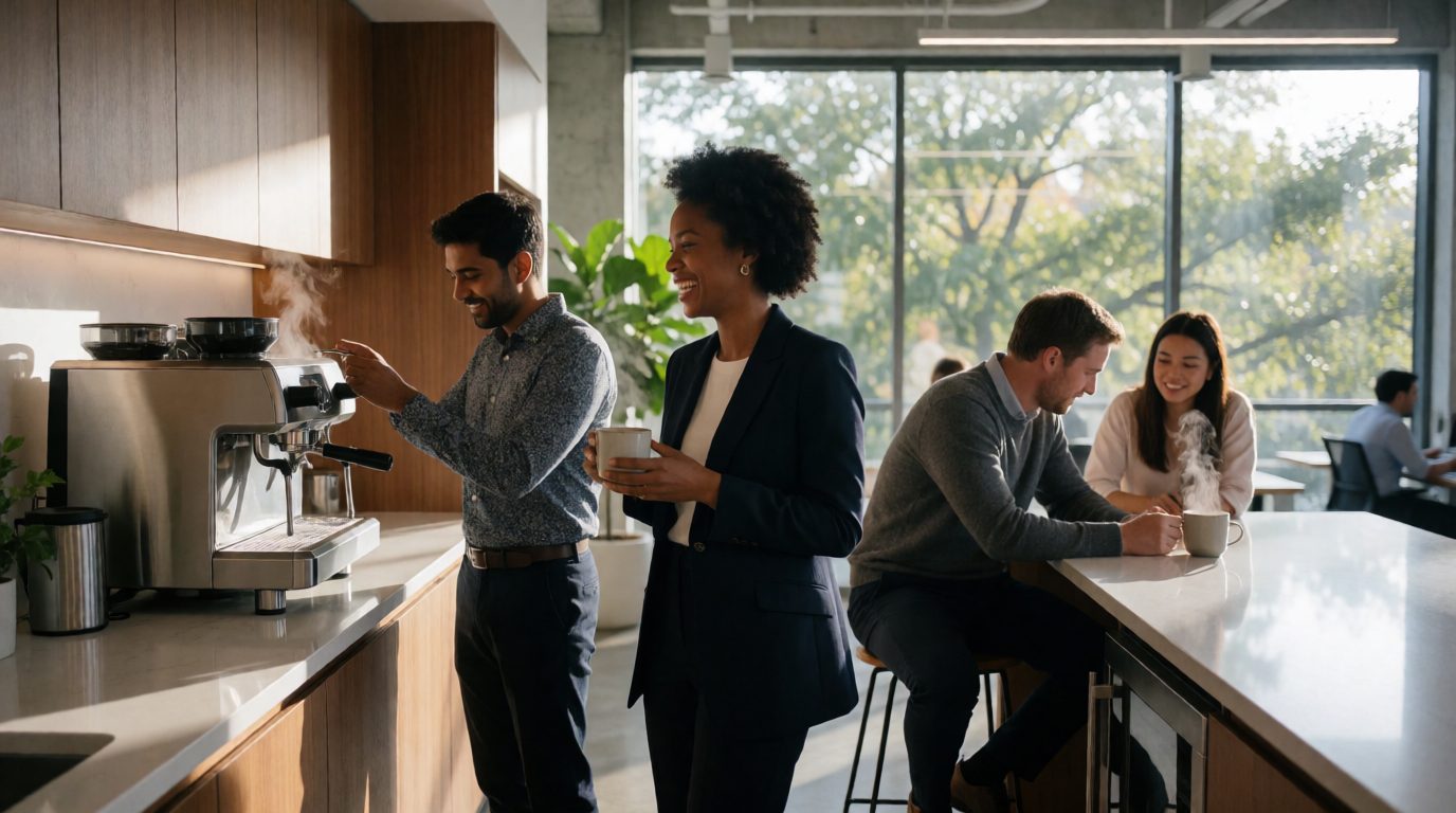 Diverse Atlanta office workers enjoying premium coffee service in a modern breakroom