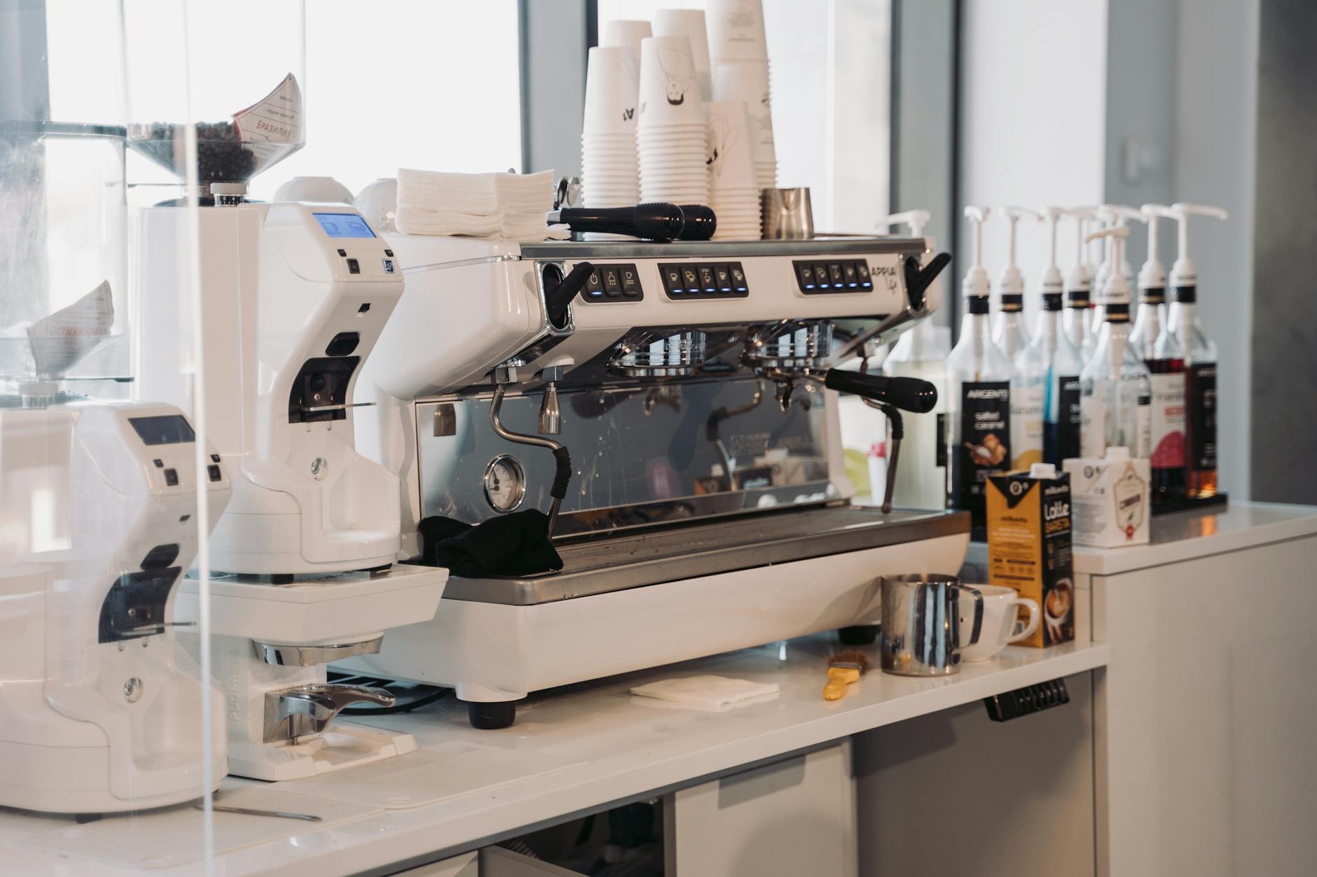 Modern office coffee station with single-serve pod machines