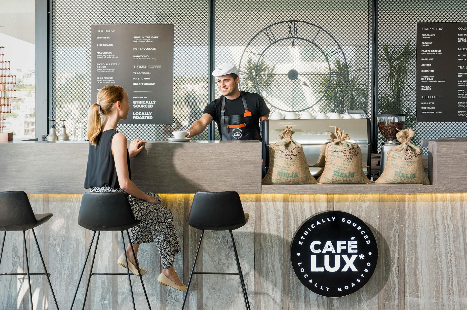 Busy coffee bar in Miami hotel lobby