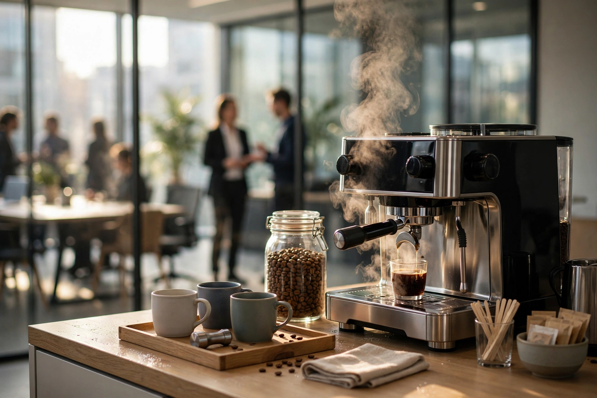 Professional coffee station in a modern Detroit office setting