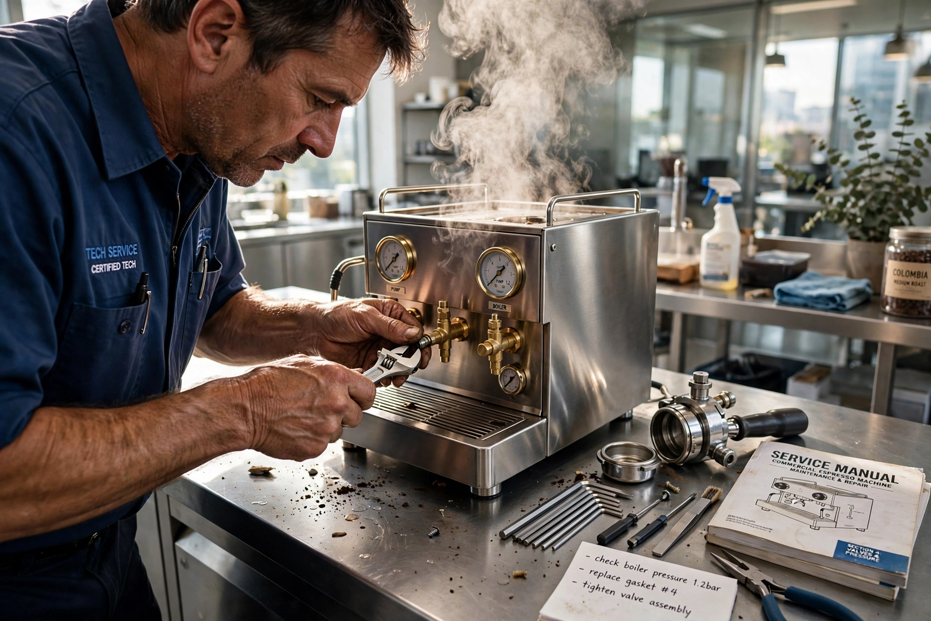 A technician servicing a commercial automated coffee machine in a modern office