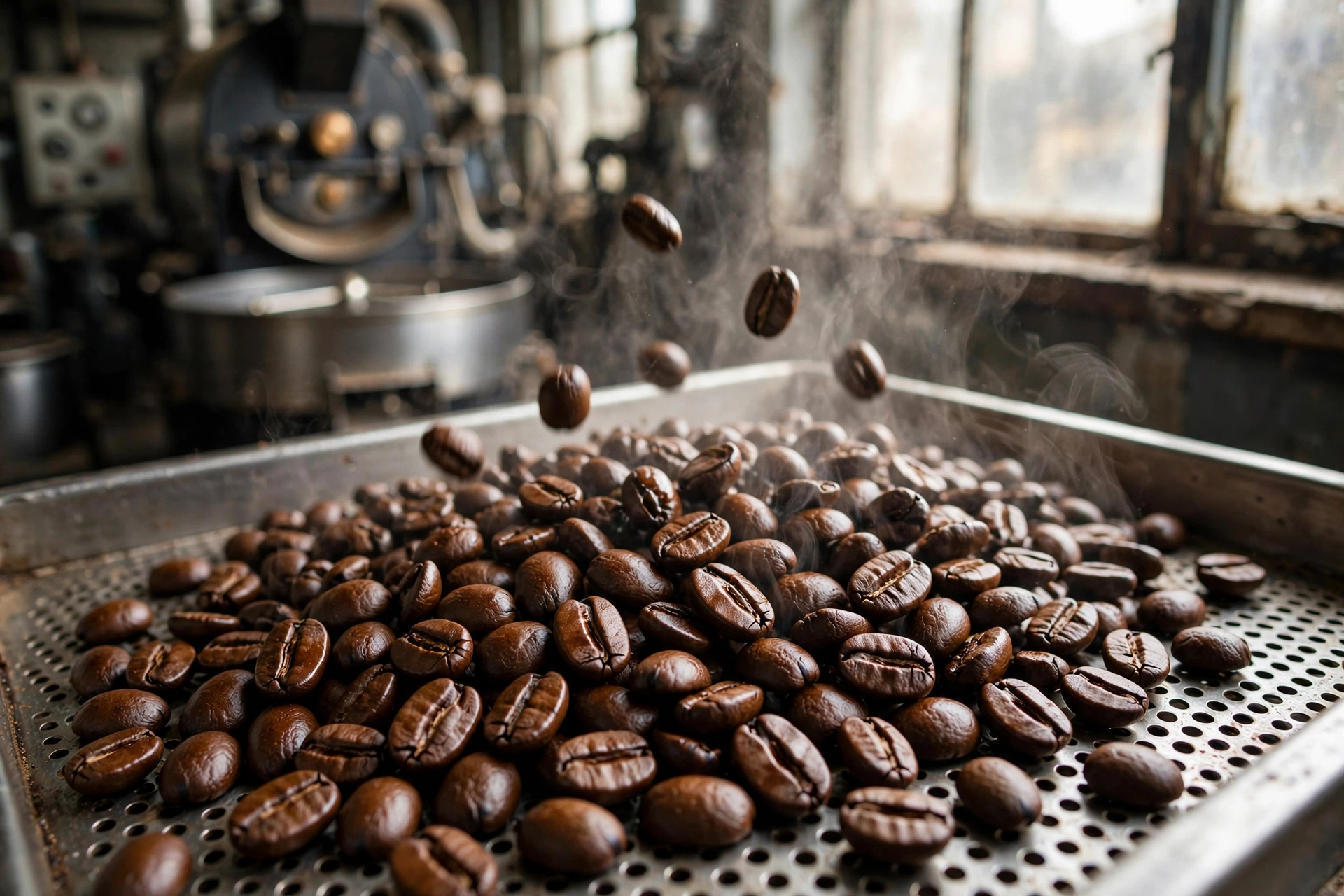 Freshly roasted specialty coffee beans in a cooling tray