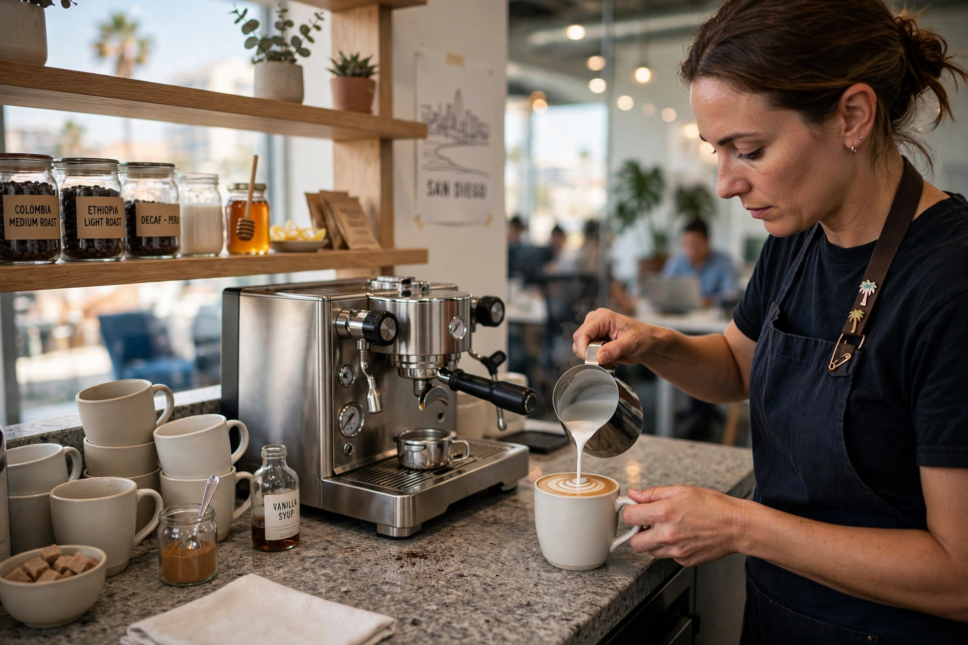 Professional coffee station in a modern San Diego office