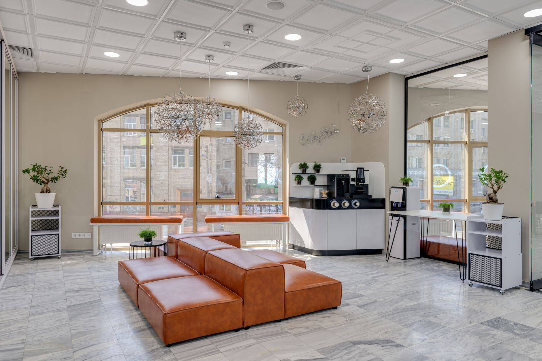 Modern hotel lobby with premium coffee station in Raleigh NC