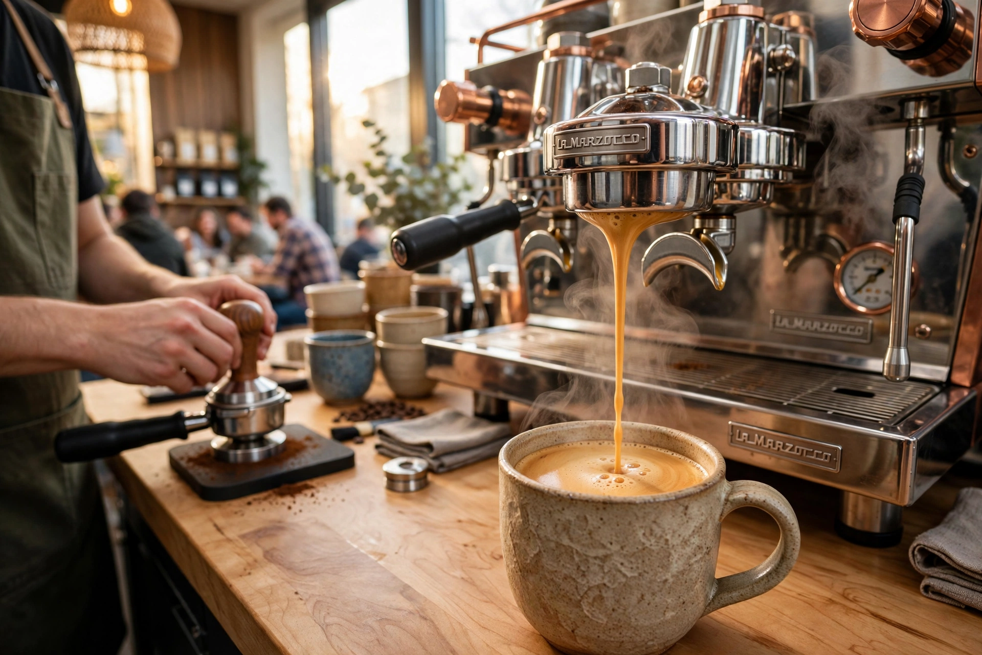 Professional espresso machine in a modern Raleigh cafe setting