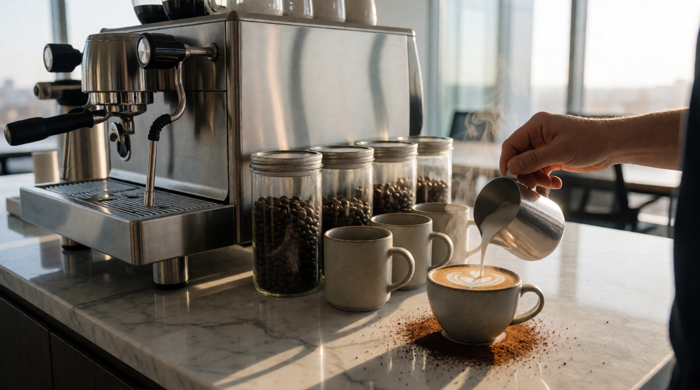 Modern office coffee station with barista-style equipment