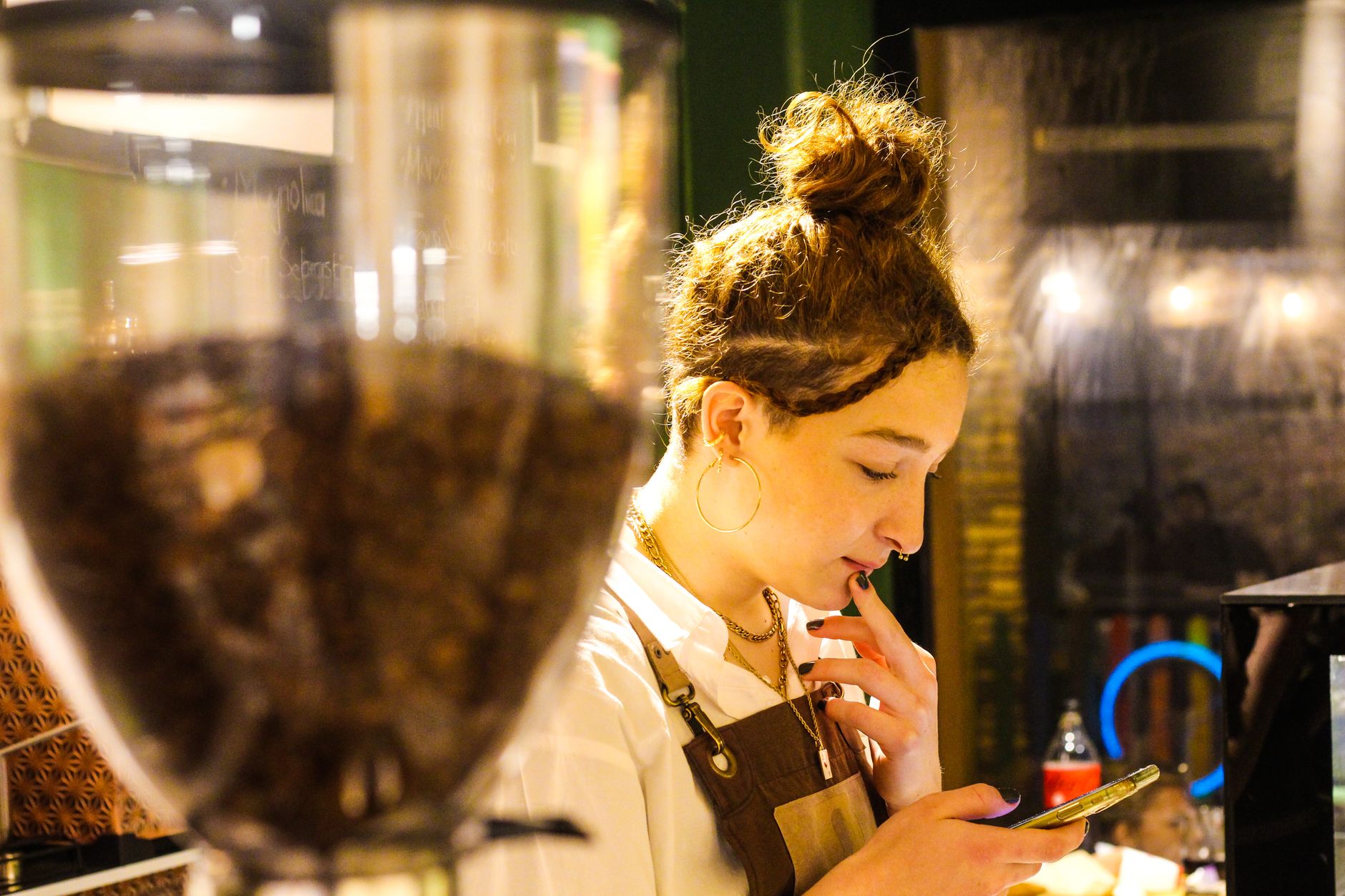 Bustling specialty coffee shop in downtown Columbus serving professionals