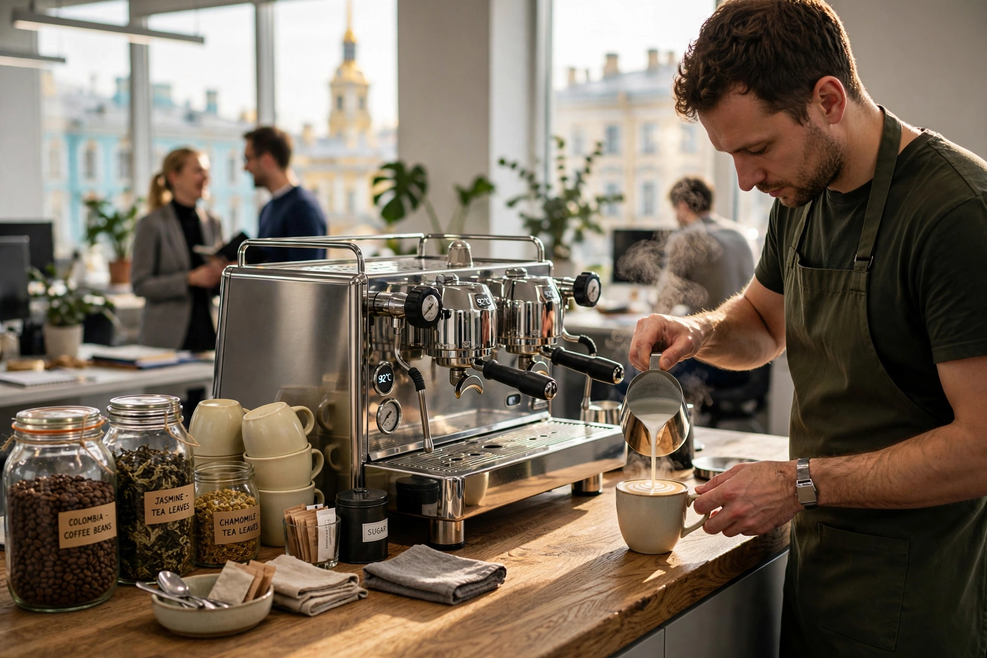 Professional corporate coffee station in a bright St. Petersburg office