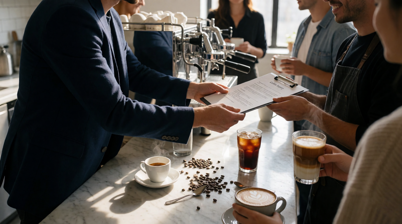 Manager conducting coffee preference survey with team