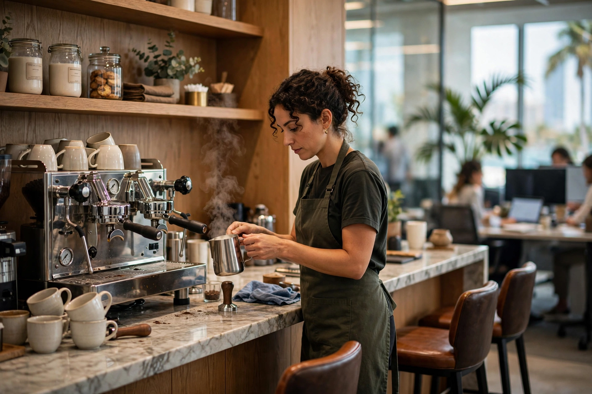 High-end corporate coffee station in a modern Miami office setting