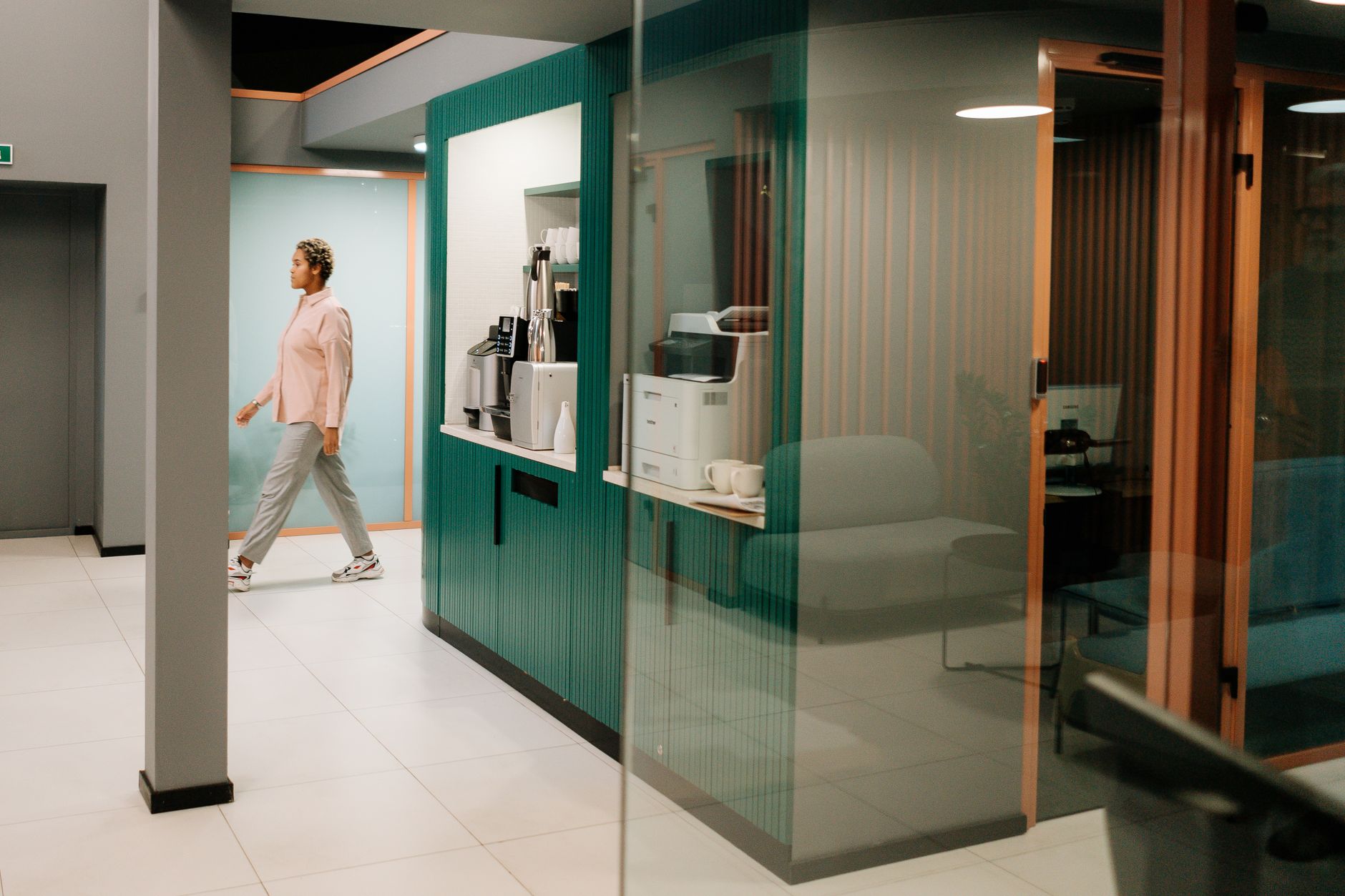 Modern office break room with coffee station in Jacksonville