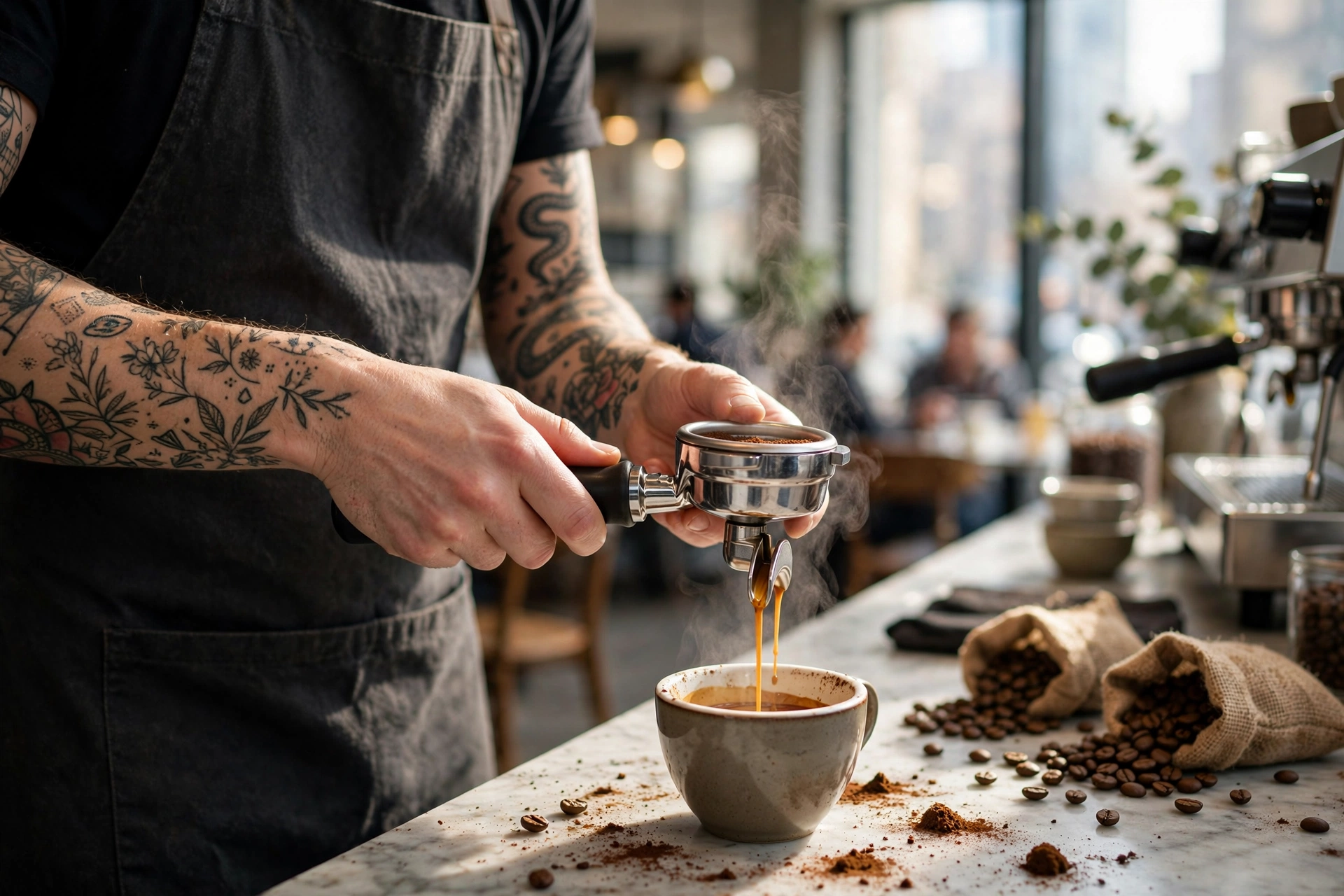Professional barista preparing a specialty latte in a commercial setting
