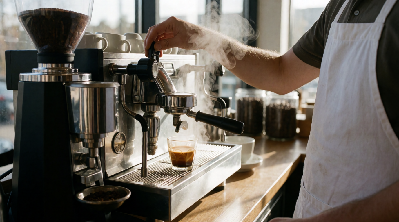 Barista preparing espresso drink on commercial rental equipment