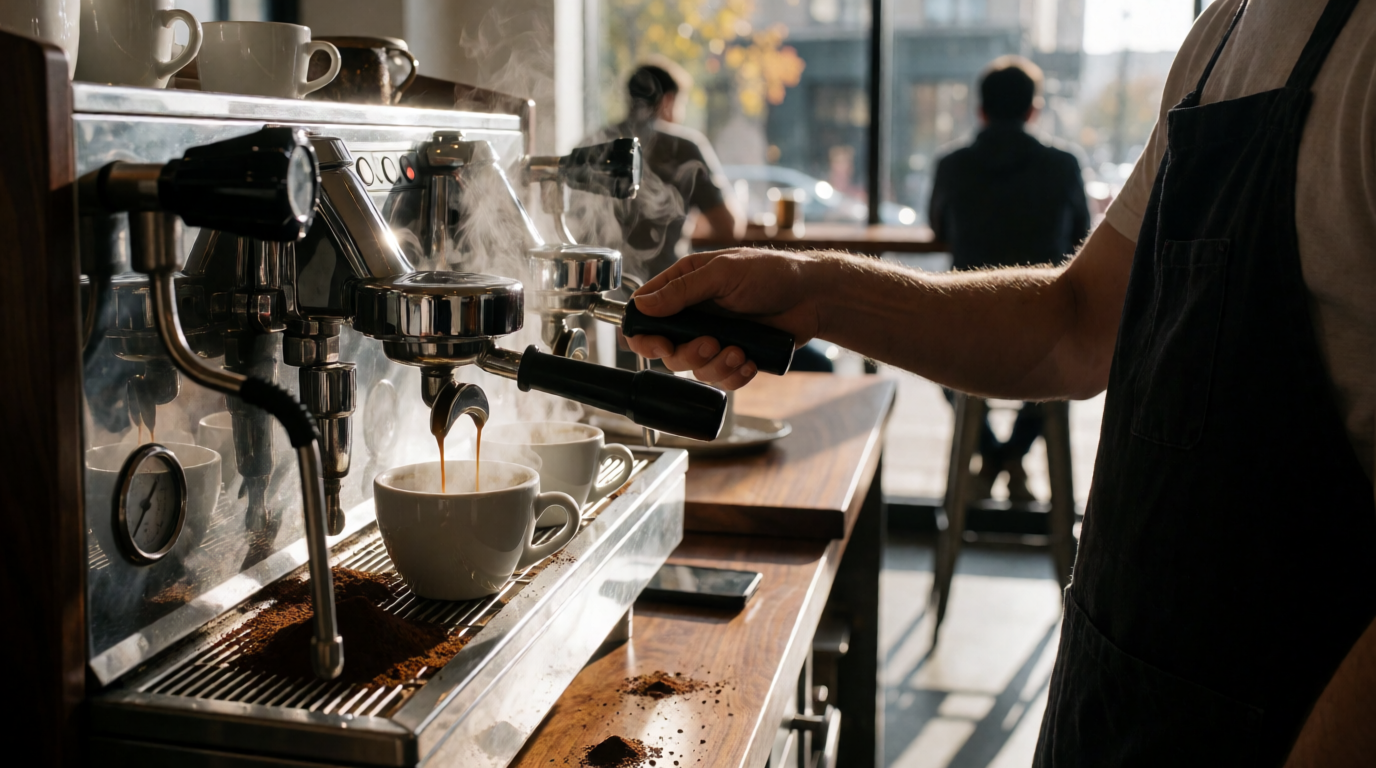 Professional barista operating high-end espresso machine in busy cafe