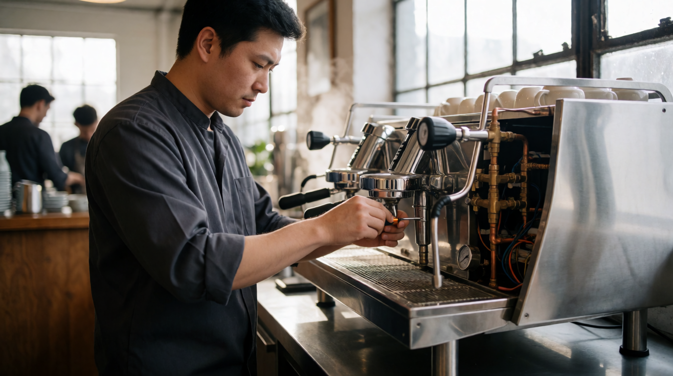 Technician servicing commercial espresso machine in restaurant setting