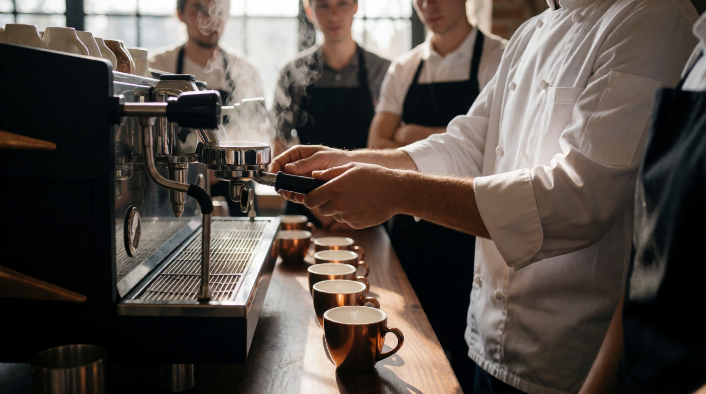 Professional trainer demonstrating proper espresso techniques to restaurant staff