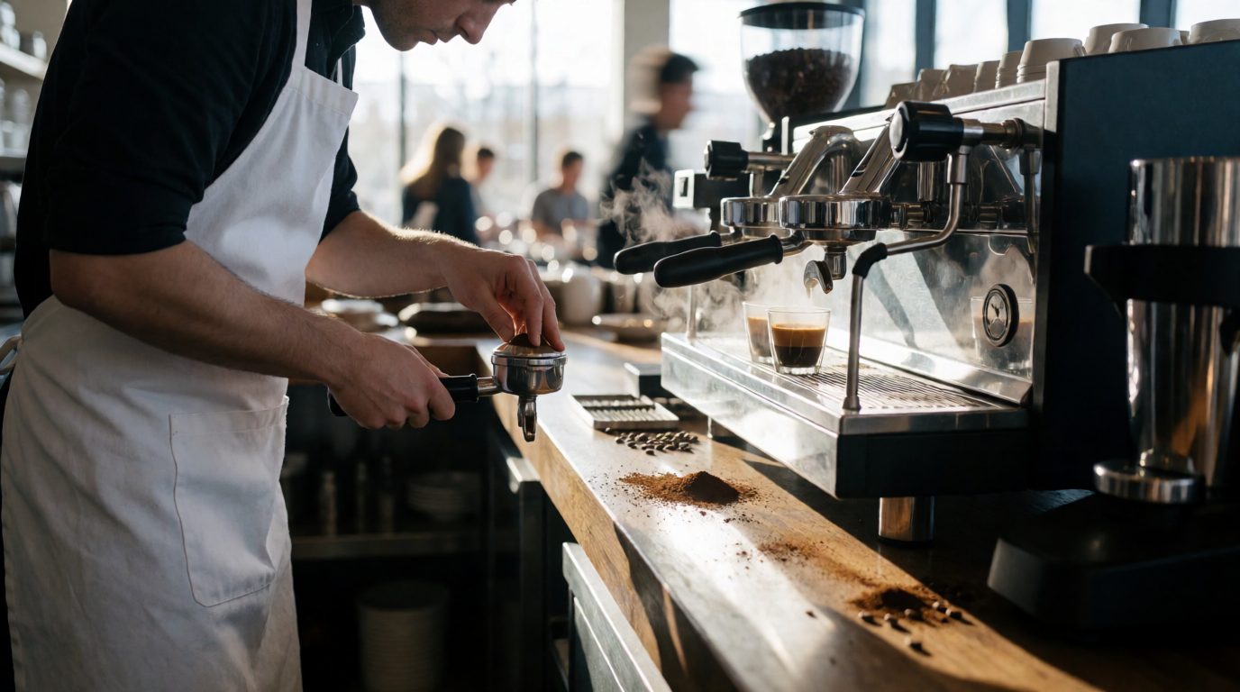 Professional barista preparing espresso in a busy restaurant setting
