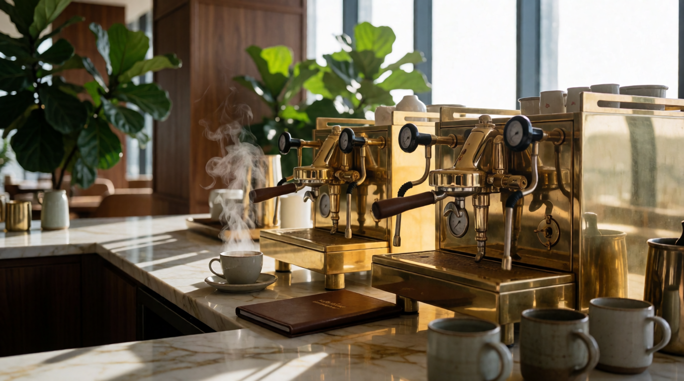 Elegant coffee bar setup in a South Carolina hotel lobby