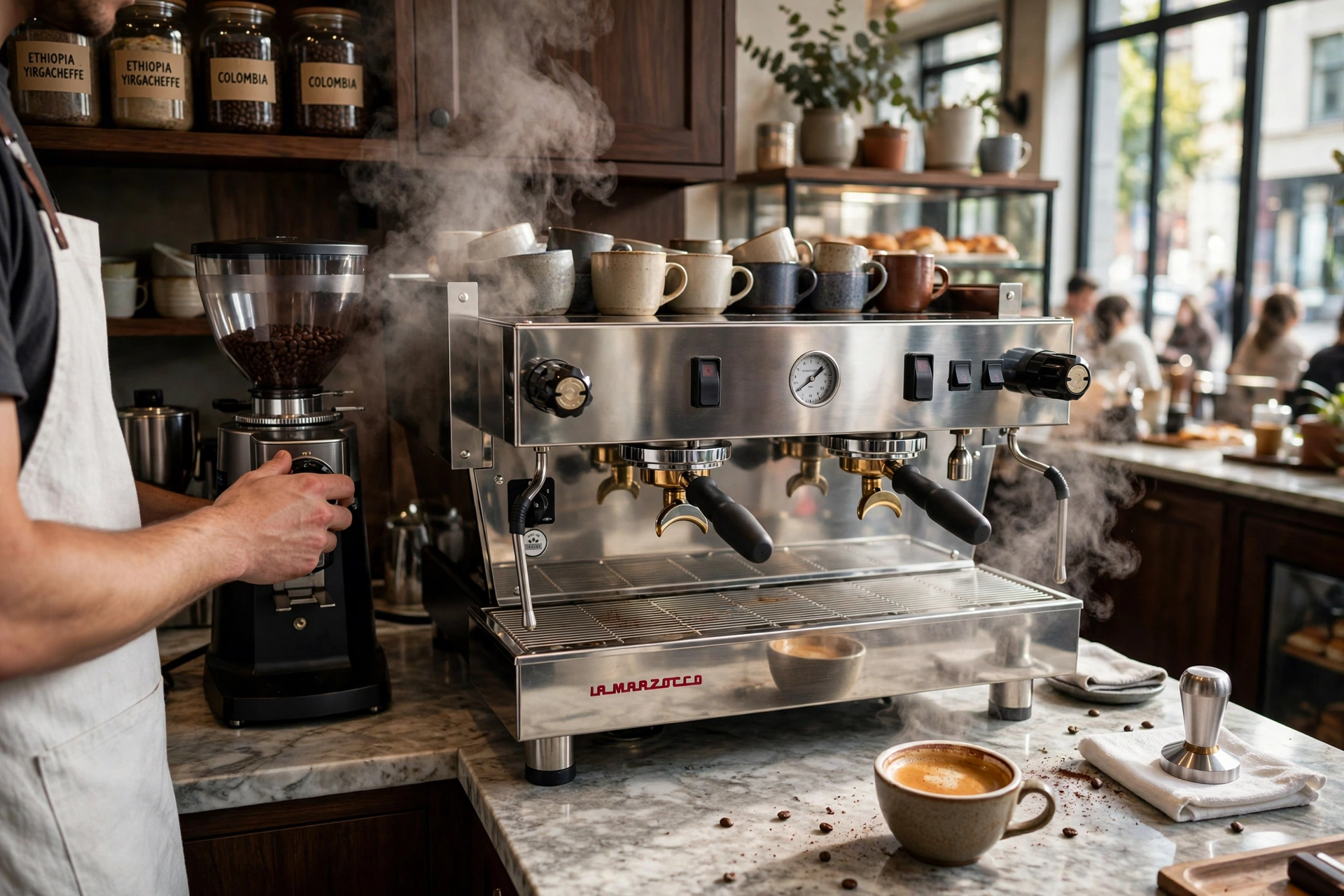 High-end commercial espresso machine in a modern Charlotte restaurant