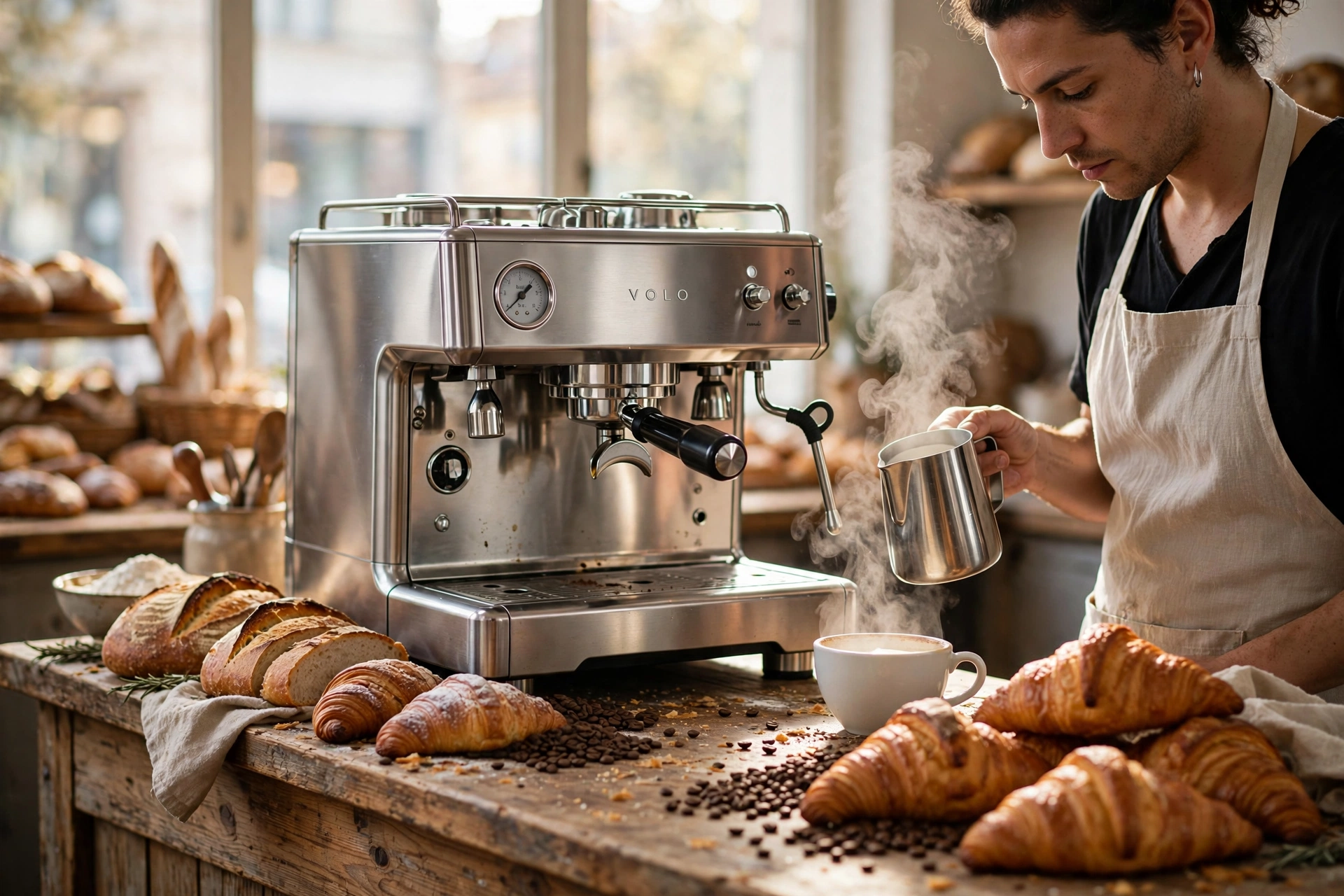 Professional coffee machine integrated into a bakery counter