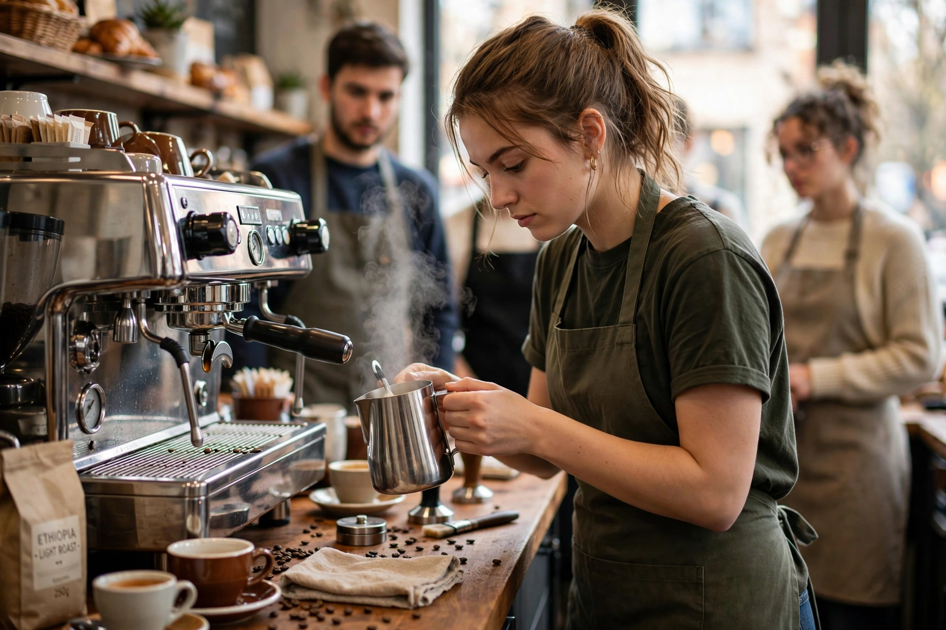 Barista learning to steam milk for a latte