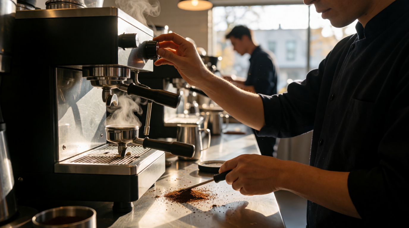 Certified coffee technician performing equipment maintenance in commercial kitchen