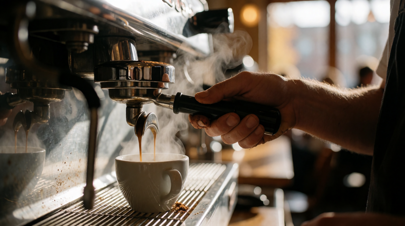 Professional barista preparing espresso on a leased commercial espresso machine in a modern cafe