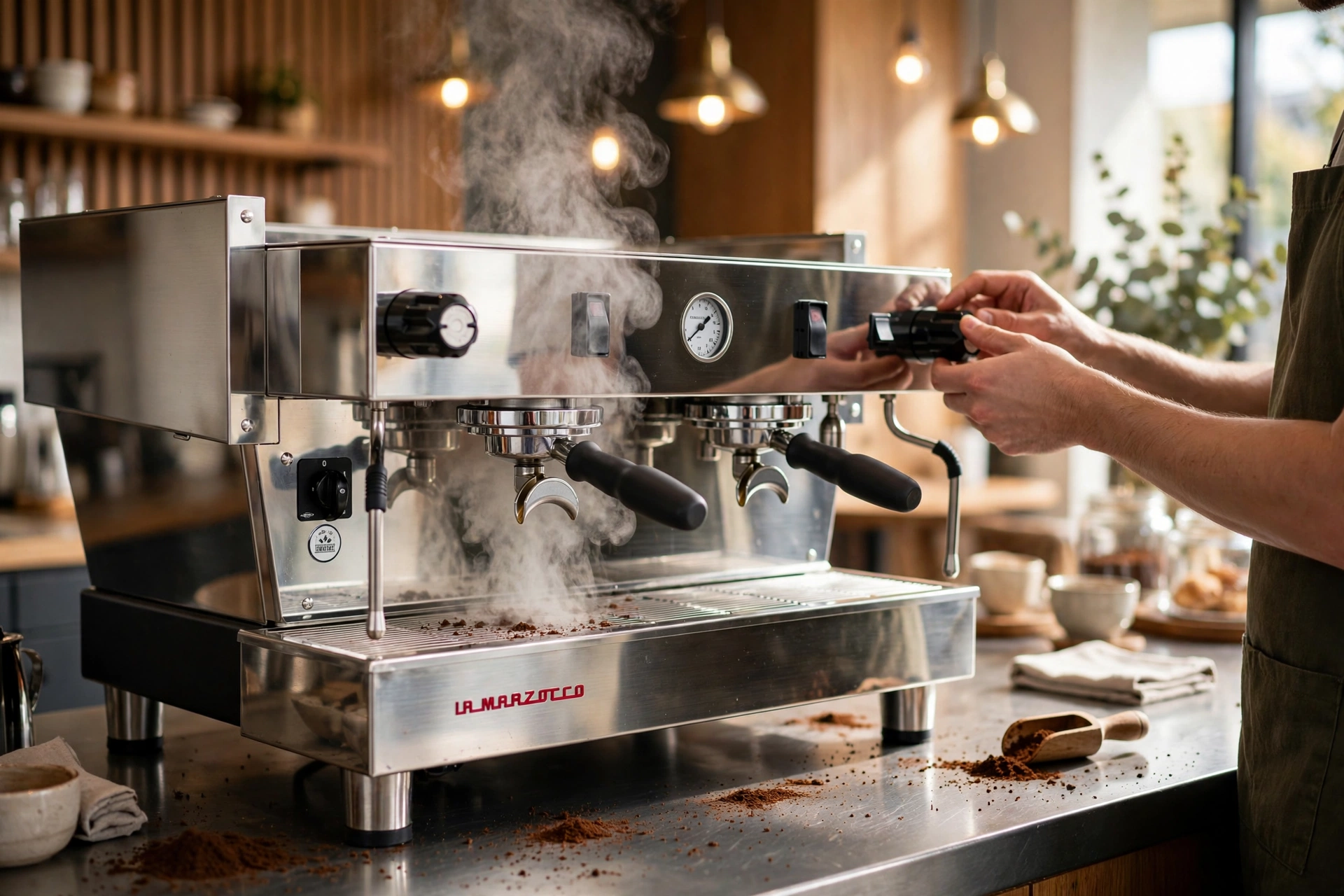 Professional espresso machine in a bright Wilmington cafe setting