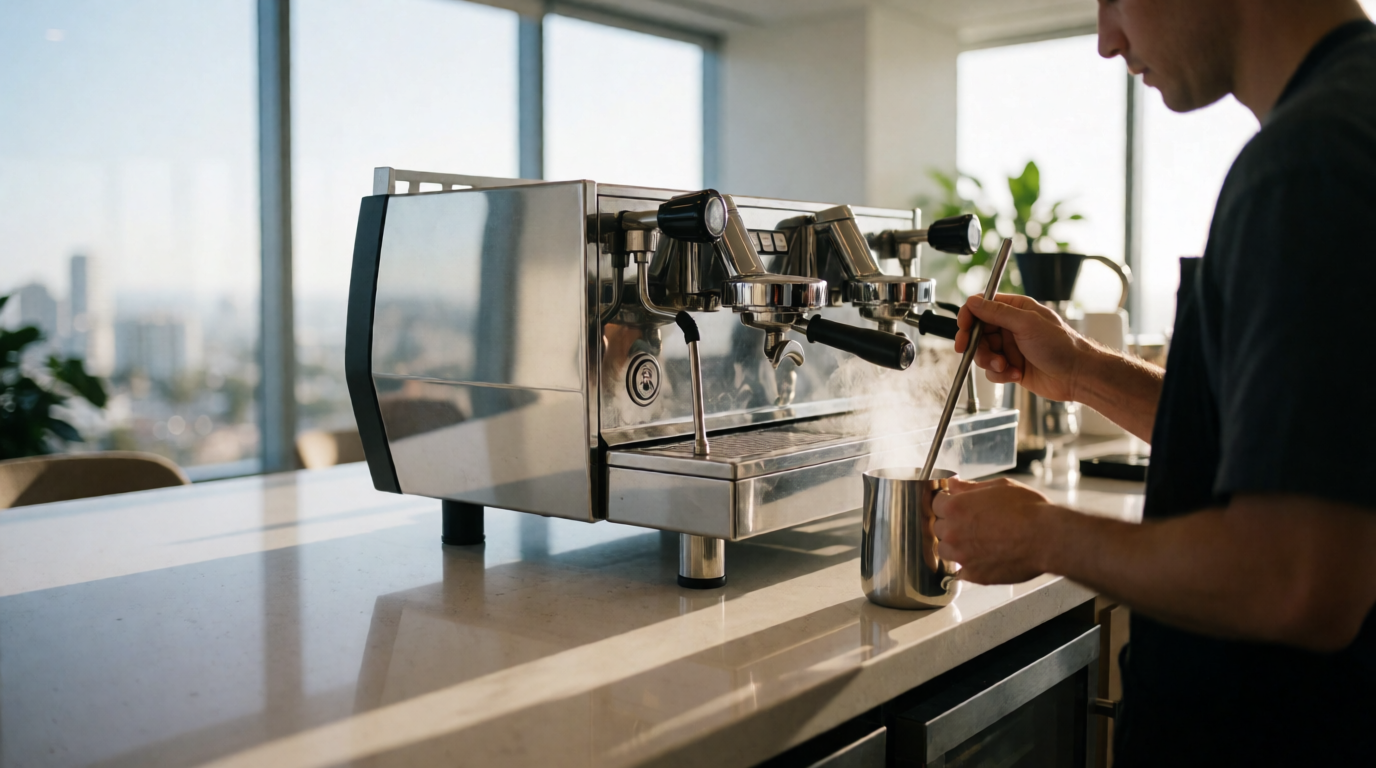 Modern office coffee station with sleek commercial espresso machine in San Diego CA workspace