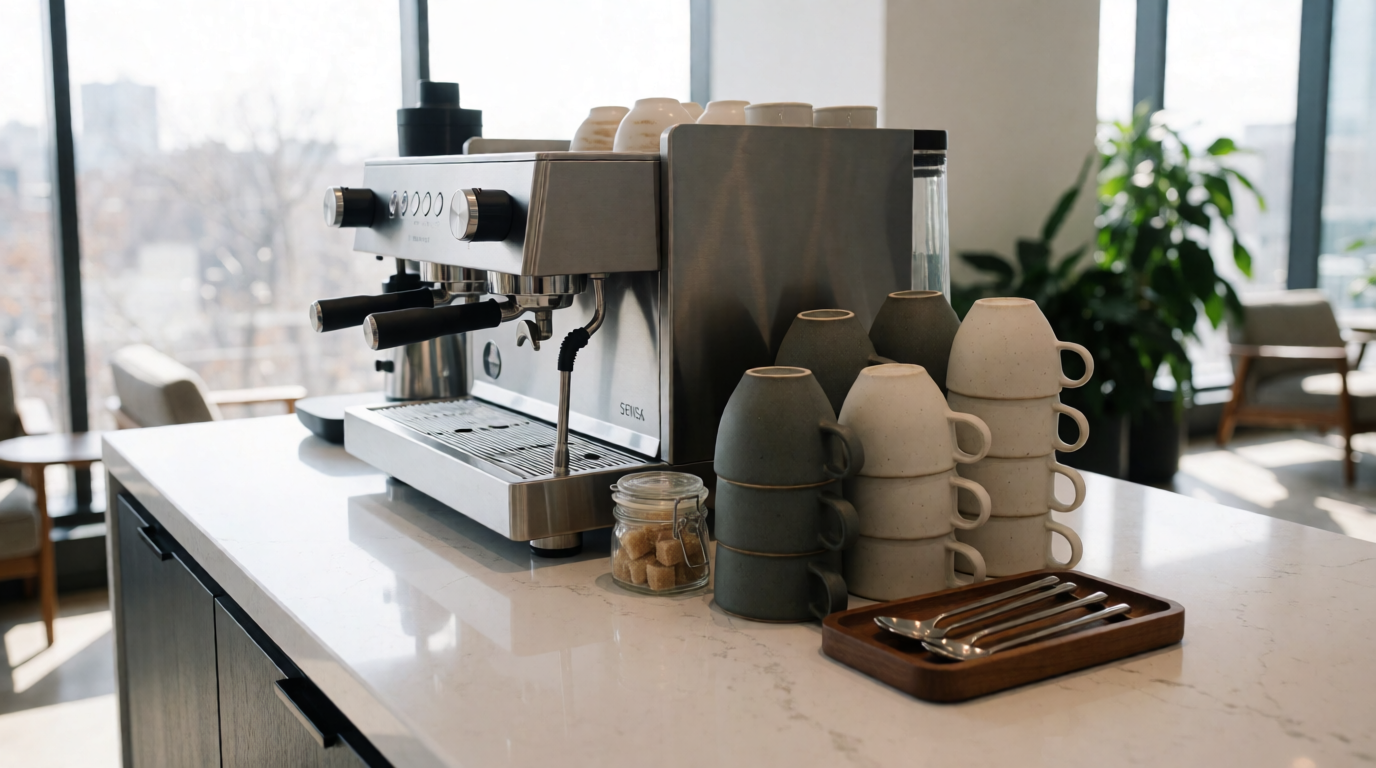 Premium coffee station in an Atlanta office with SENSA equipment