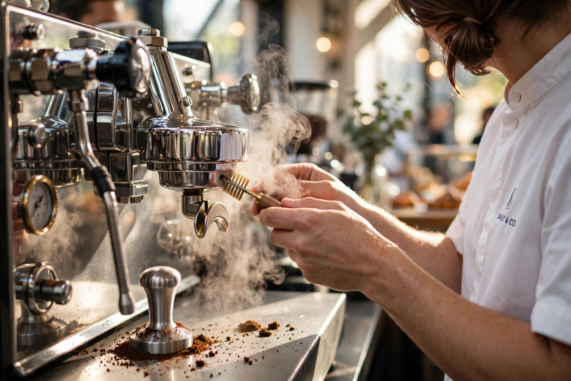 Professional technician inspecting a commercial espresso machine