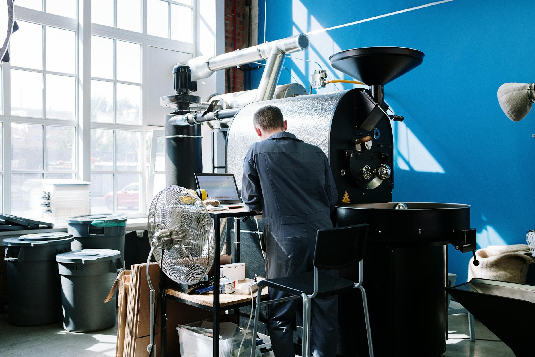 Industrial coffee roaster in foodservice factory
