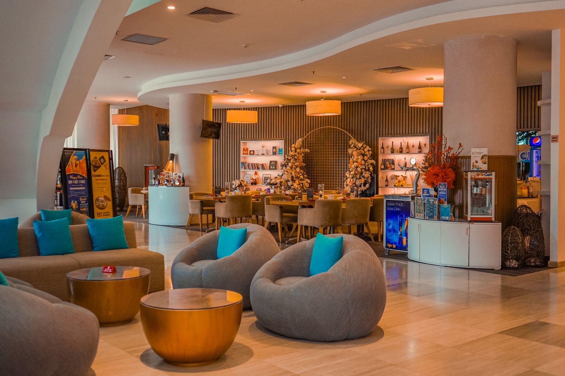 Hotel lobby coffee bar serving premium craft coffee to guests