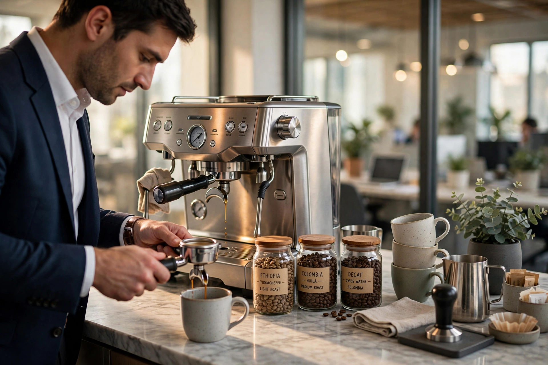 Professional corporate coffee setup in a San Diego office